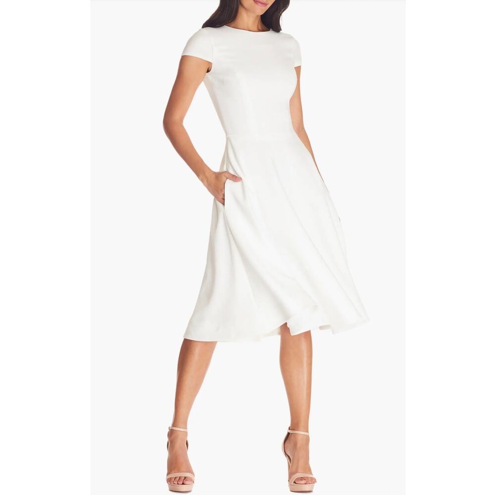 Dress The Population NWT Livia Ivory Fit Flare Midi Dress Pockets Size S